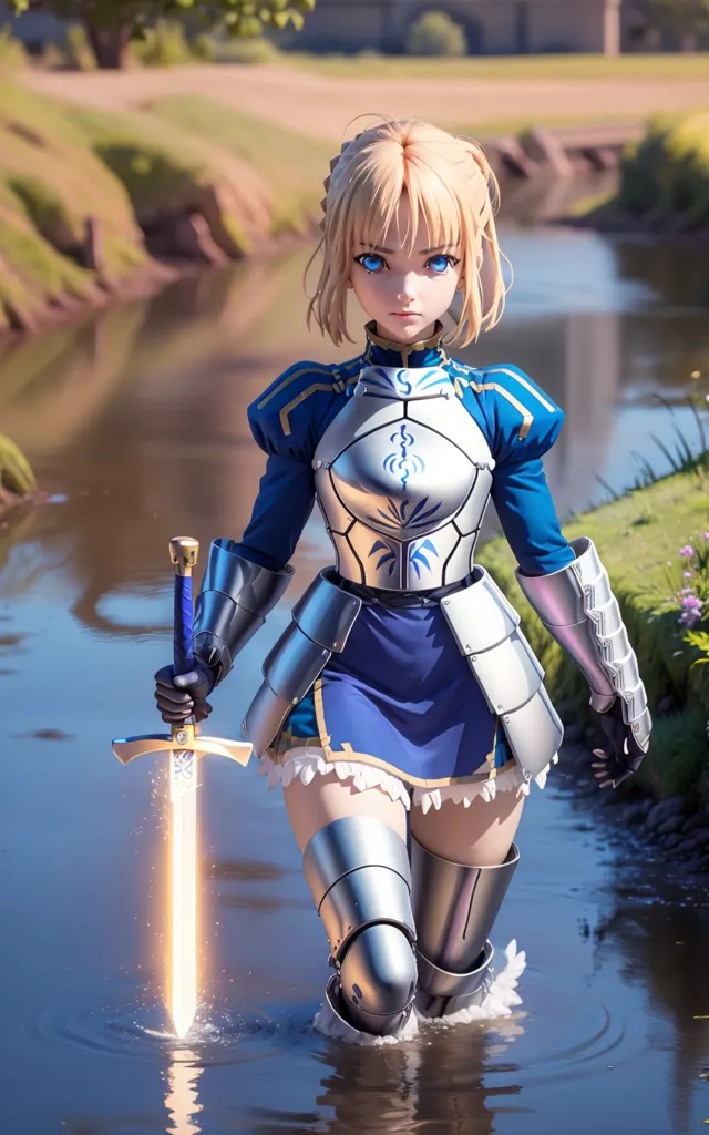 The image is of a young woman, with short blonde hair and blue eyes. She is wearing a blue and white dress with silver armor. She is also wearing a sword on her left hip. She is standing in a river, with the water up to her knees. She is looking at the camera with a serious expression. The background is a meadow, with green grass and trees.