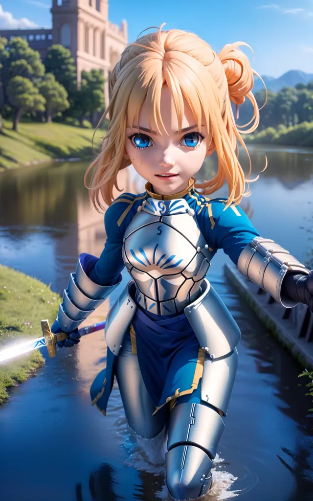 The image is of a young woman with blonde hair and blue eyes. She is wearing a blue and white outfit and is carrying a sword. She is standing in a river and is surrounded by trees and mountains. There is a castle in the background. The woman is likely a warrior or an adventurer. She is strong and brave, and she is not afraid to fight for what she believes in.