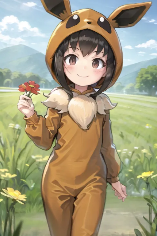 The image is of a young girl dressed in an Eevee onesie. The onesie is brown and has a hood with Eevee's ears. The girl is holding a red flower in her right hand. She has brown hair and brown eyes. The background is a grassy field with a hill in the distance. The sky is blue and there are white clouds.