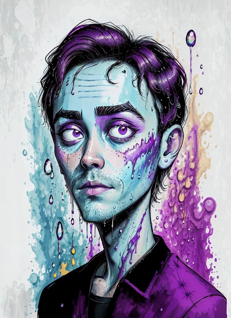 This is a picture of a man with purple hair and blue skin. There is purple paint dripping down his face and neck. He is wearing a black suit jacket with a purple shirt underneath. The background is white with purple and blue paint splatters.