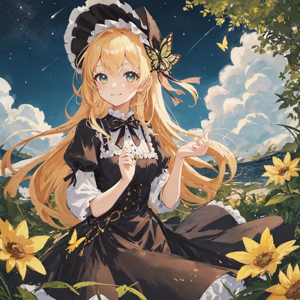 The image is a painting of a young girl with long, flowing yellow hair. She is wearing a black dress with a white collar and a black hat with a white ribbon. She is standing in a field of sunflowers, and there is a butterfly perched on her finger. The background is a blue sky with white clouds. The girl is smiling and has her eyes closed. She is wearing a pendant necklace with a star charm.