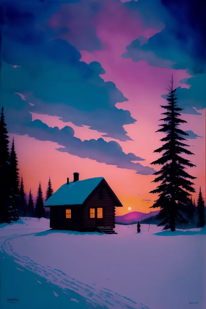 This is a painting of a cabin in the woods. The sky is a gradient of purple and pink, and the trees are dark silhouettes against it. The cabin is brown with a white roof, and there is a person standing outside of it. The person is wearing a long coat and a hat, and they are holding a pair of skis. There is a large tree next to the cabin, and there is snow on the ground.
