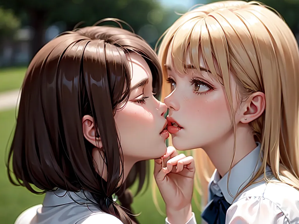 The image is of two young women, one with brown hair and the other with blond hair. They are standing very close to each other with their eyes closed and their lips almost touching. The background is blurred and looks like a park. The image is very realistic and looks like a painting.