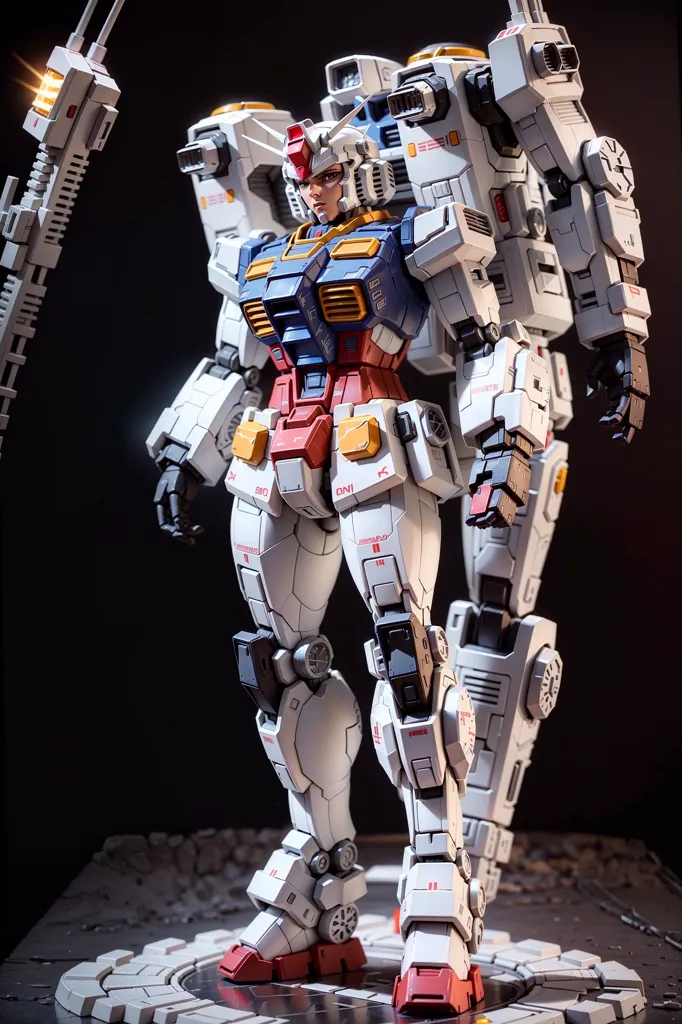 The image shows a model of a robot from the Gundam anime series. It is a white and blue robot with a red head and yellow eyes. It is standing on a platform and is surrounded by a dark background. The robot is holding a large gun in its right hand and a shield in its left hand. It has a very detailed design, with a lot of small details and panel lines. The paint job is also very well done, with a smooth, even finish. Overall, this is a very impressive model of a Gundam robot.