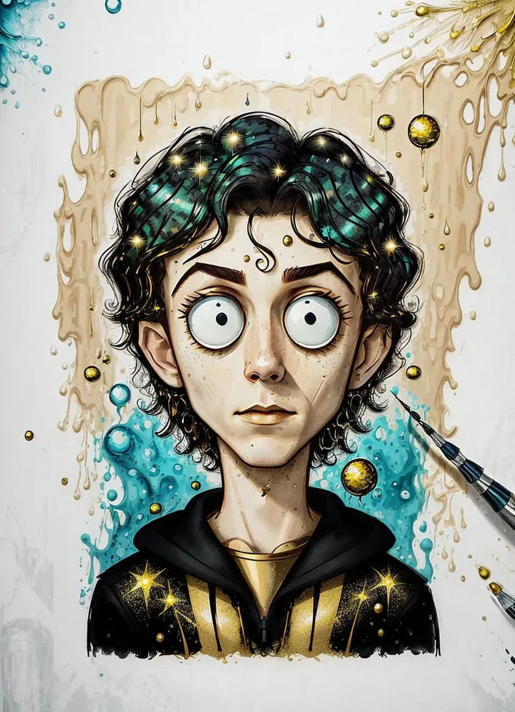 This is a digital painting of a young man with green hair and big eyes. He is wearing a black hoodie with gold stars on it. The background is white with blue and gold paint splatters. The man's expression is one of wonder and amazement. He seems to be looking at something off-camera with awe. The painting is done in a realistic style, and the artist has used a variety of techniques to create a sense of depth and texture. The overall effect is one of beauty and mystery.