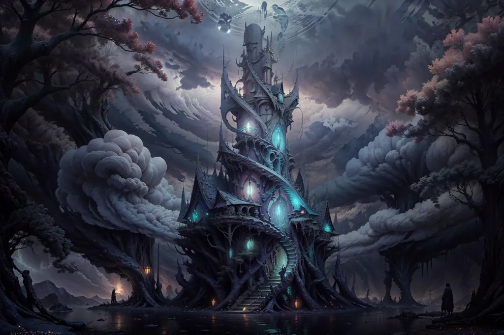 The image is a dark fantasy landscape. There is a large, ominous castle in the center of the image, with dark clouds swirling around it. The castle is surrounded by dead trees and a dark forest. The only light comes from a few small moonbeams shining through the clouds. There is a figure standing in the foreground of the image, looking up at the castle.