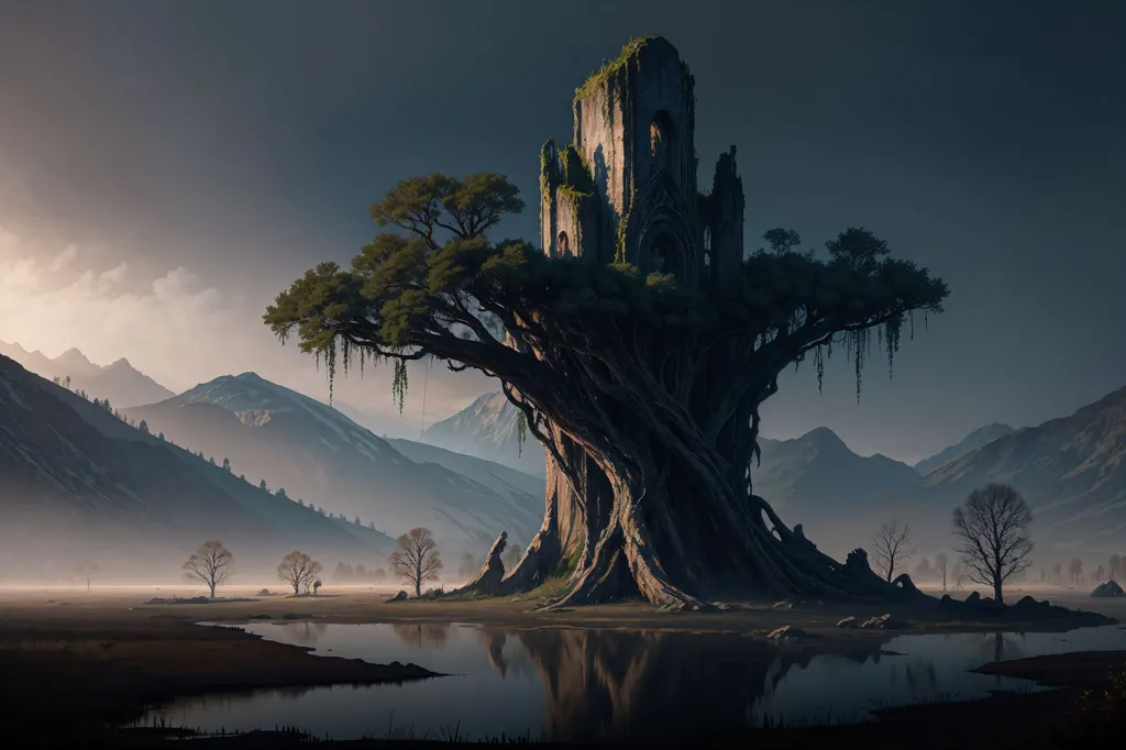 La imagen es una pintura digital de un árbol grande con una torre en ruinas encima de él. El árbol se encuentra en un valle entre dos montañas. El cielo está oscuro y nublado, y el agua en el primer plano está tranquila y reflectiva. La imagen está llena de misterio y asombro, y invita a los espectadores a imaginar qué pudo haber sucedido con la torre y el árbol.