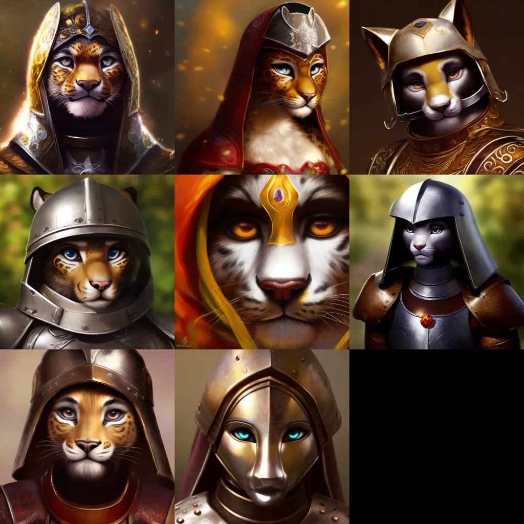 The image shows 9 different portraits of anthropomorphic cats. They all have different types of armor on and elaborate hairstyles. The backgrounds of the portraits are blurred and are mostly dark.