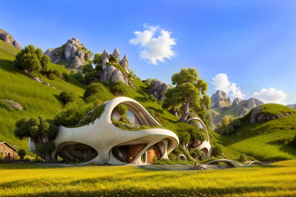 The image shows a futuristic house. It is made of concrete and has a lot of vegetation on it. The house is located in a valley between two mountains. There are some trees and bushes around the house. The sky is blue and there are some clouds in the sky. The house has a large door and several windows.