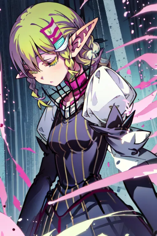 The image depicts an anime-style elf girl with green hair and pointed ears. She is wearing a black and purple dress with a white collar. The girl has a sad expression on her face and is looking down. There are also pink and purple splashes around her.