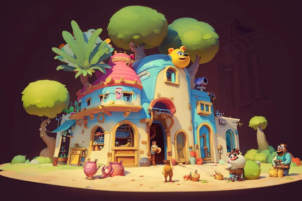 The image shows a cartoon house with a blue roof and yellow walls. The house has two stories and a attic. There is a large tree next to the house, and there are some palm trees in the background. There are also some animals in the image, including a bear, a rabbit, and a fox. The animals are all wearing clothes and look like they are having a good time. The image has a very happy and whimsical feel to