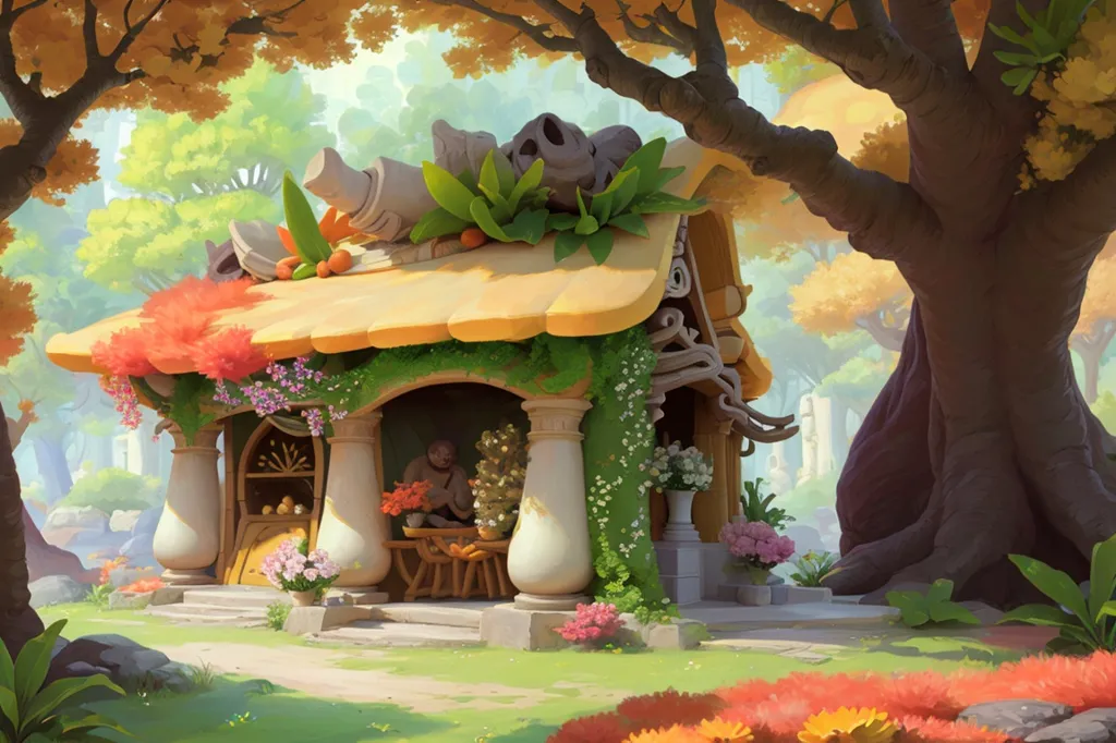 The image is a colorful depiction of a small house in a forest. The house has a yellow roof  and white columns. The front of the house is open, and there is a man inside working on a flower arrangement. There are flowers and plants all around the house, and the trees in the forest are tall and green. The image has a warm and inviting atmosphere.