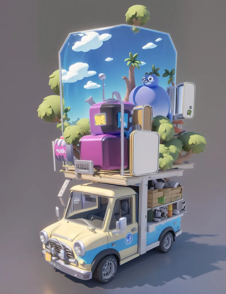 This is a rendering of a cartoon truck. The truck is blue and yellow and has a white bumper. There are a number of items on the roof of the truck including a purple suitcase, a blue creature, a palm tree, a robot, and a white sign. The truck is also carrying a number of boxes and crates. The background is a blue sky with white clouds.