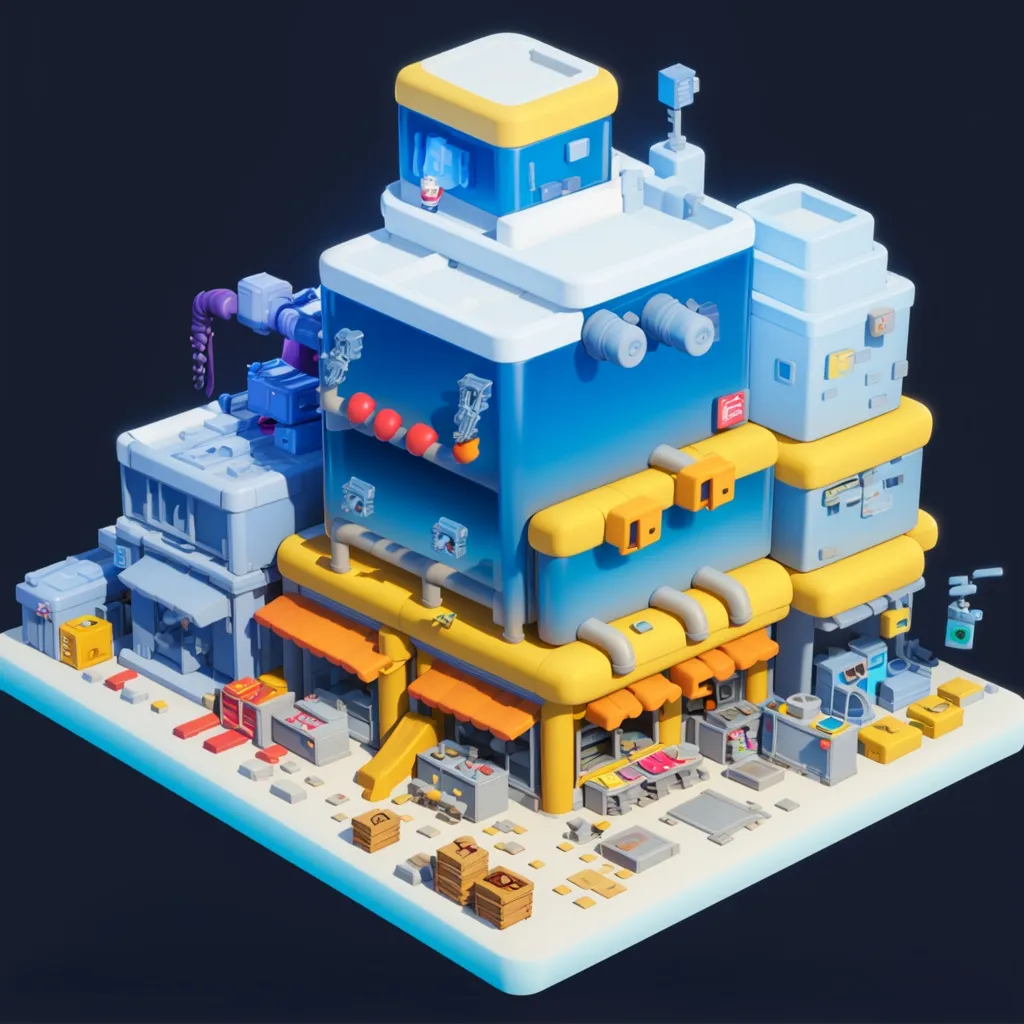 The image shows a 3D illustration of a futuristic city. There is a large blue building with yellow accents and several smaller buildings surrounding it. The buildings are made of metal and glass and have a lot of detail. There are also a few trees and plants in the image. The overall style of the image is very clean and modern.