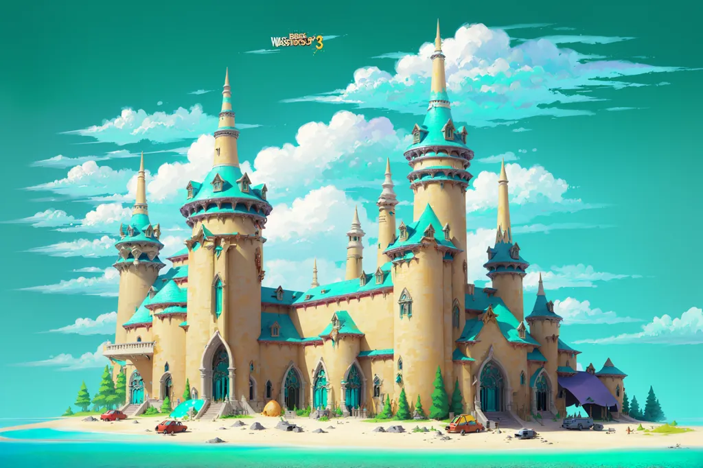 The image is of a castle on a small island. The castle is made of tan stone with blue and green accents. It has many towers and turrets. The island has a few trees and two cars parked on it. The water around the island is blue and green. The sky is blue and there are some white clouds.