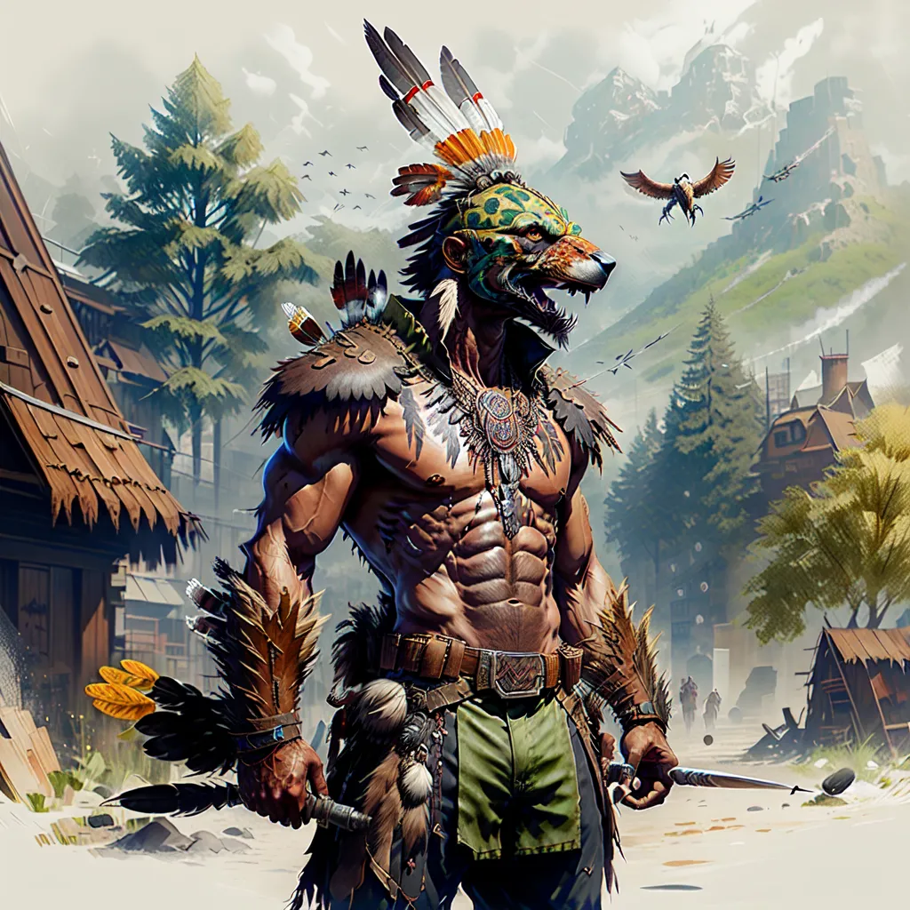 The image shows a muscular, shirtless man with the head of a wolf. He is wearing a loincloth and a necklace made of animal teeth and claws. His arms and legs are adorned with feathers and fur. He is also wearing a feathered headdress and carrying a weapon in each hand. The background of the image shows a village with wooden houses and mountains in the distance.