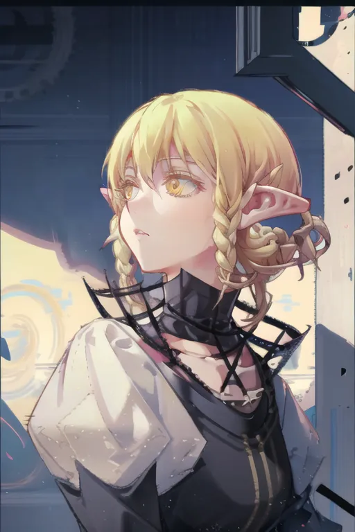 The picture shows a beautiful anime girl with long blonde hair and yellow eyes. She has pointed ears and is wearing a black and white dress. She is looking to the right of the frame and has a thoughtful expression on her face. The background is a blur of light and dark colors.