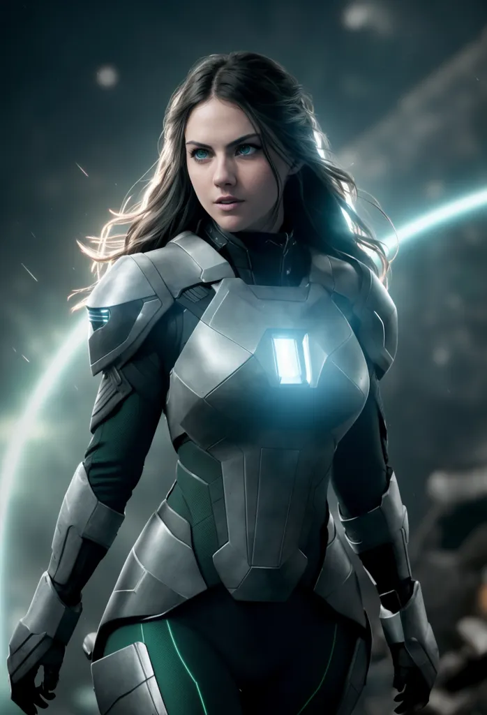 The image shows a woman wearing a futuristic suit of armor. The armor is mostly silver with green accents. The woman has long brown hair and blue eyes. She is standing in a dark place with a bright light in the background.