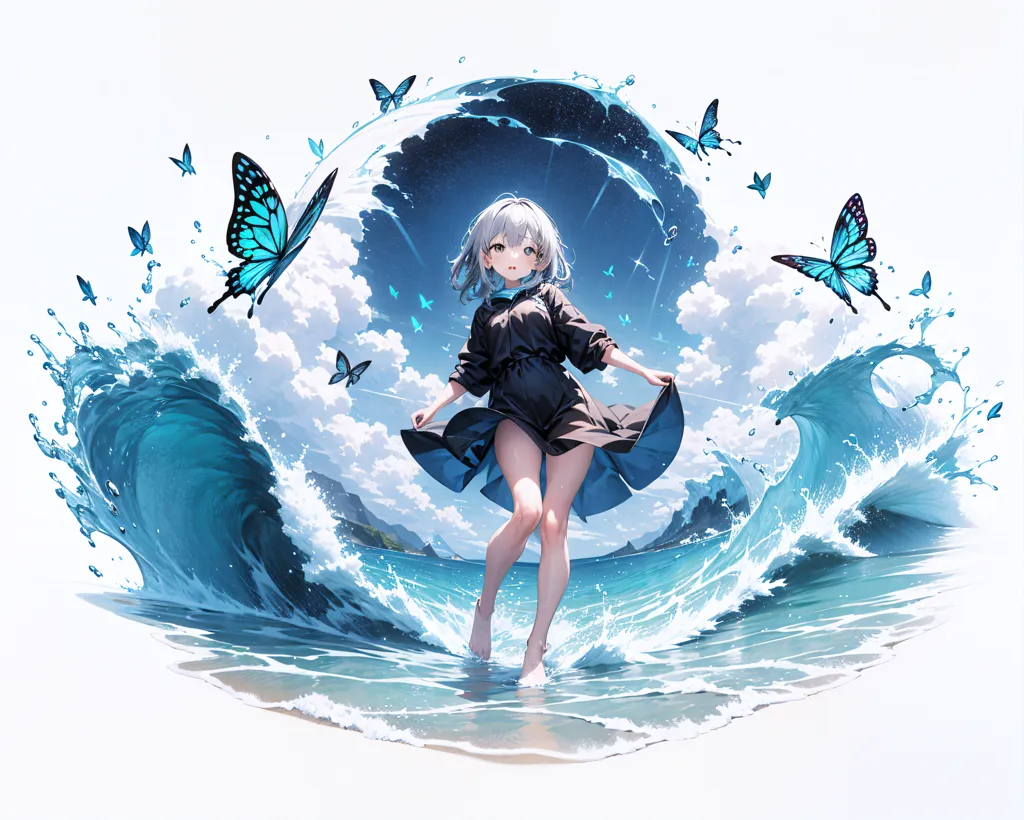 This is an illustration of a girl standing on the beach, with the ocean behind her. The girl is wearing a black dress and has white hair. She is looking at the ocean with a smile on her face. There are blue butterflies flying around her. The ocean is depicted with large, stylized waves.