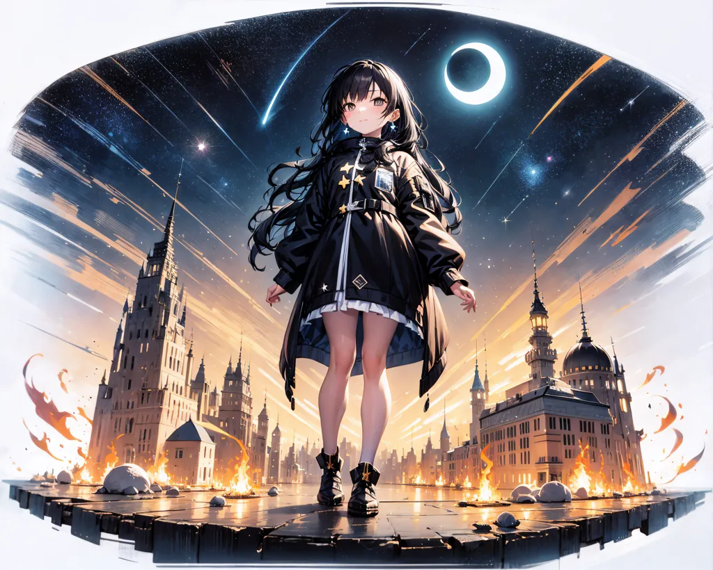 The image is of an anime girl standing on a rooftop in a city. She is wearing a black jacket, a white skirt, and black boots. She has long black hair and blue eyes. The city is in the background and is on fire. There is a crescent moon in the sky. The art style is anime.