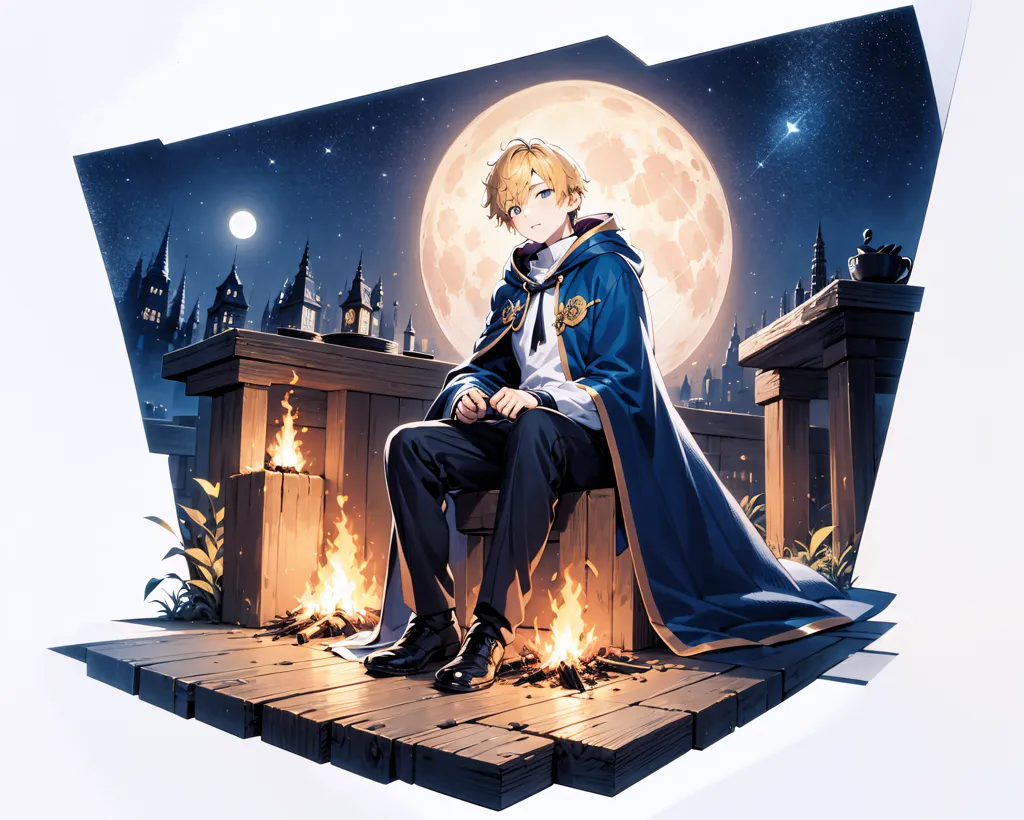 This is an illustration of a young man sitting on a wooden railing under a full moon. The man is wearing a blue cape and a white shirt and black pants. He has blond hair and blue eyes. He is looking at the fire in front of him. There is a building in the background. The image has a painterly style.