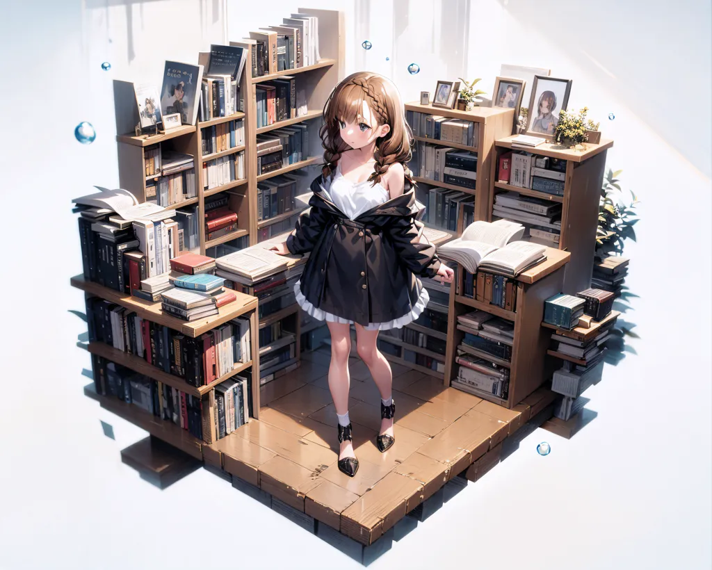 A girl with brown hair and brown eyes is standing in a library. She is wearing a white dress and a black jacket. There are bookshelves all around her. Some books are placed on the floor and some are floating in the air. The girl is looking at a book that is floating in the air. There are some plants and pictures on the bookshelves. The girl is standing on a wooden platform. There is a white background behind the platform.