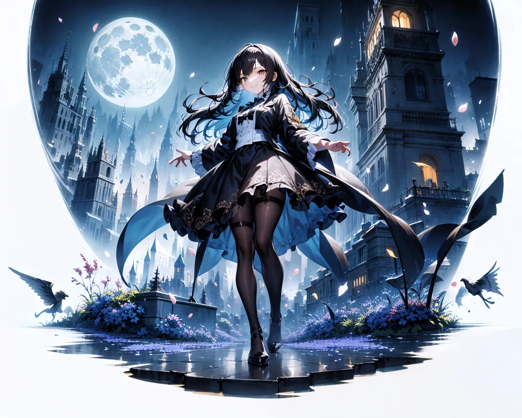 The image is a painting of a young woman standing in a European-style city at night. The woman is dressed in a black Gothic-style dress with a white camisole and black stockings. She has long black hair and green eyes. She is standing on a stone slab in the middle of a plaza surrounded by tall buildings. There is a large clock tower in the background. The sky is dark blue, and there is a full moon. There are some birds flying in the sky. The painting is done in a realistic style, and the colors are vibrant and saturated.