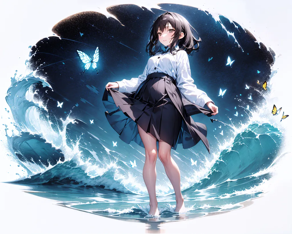 The image is a painting of a girl standing in the ocean. The girl is wearing a white shirt and a black skirt. She has long brown hair and brown eyes. The ocean is depicted with large, crashing waves. The girl is standing on the top of a wave and is surrounded by butterflies. The painting is done in a realistic style and the colors are vibrant and bright.