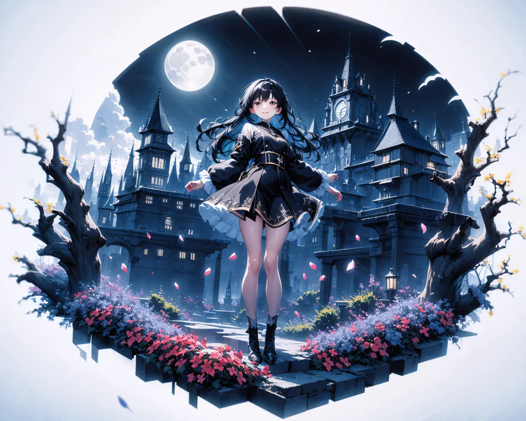 The image is of an anime girl with long black hair. She is wearing a black and white dress with a white collar. She is standing in a dark blue void with a large white moon behind her. There is a large clock tower in the background. The girl is surrounded by pink and purple flowers.