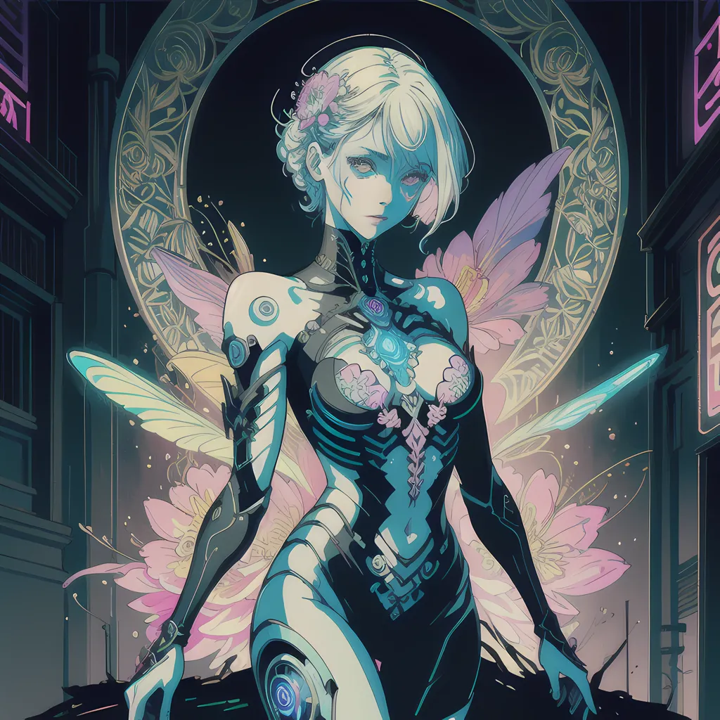 The image is a painting of a beautiful woman with white hair and blue eyes. She is wearing a black and blue bodysuit with a white collar. She has a butterfly-like appendage on her back and her arms are covered in intricate tattoos. She is standing in front of a dark background with a glowing blue circle behind her.