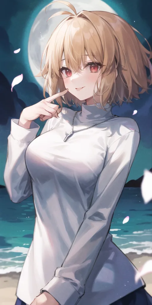 The image is of a young woman with long, blonde hair and red eyes. She is wearing a white turtleneck blouse and has a small, knowing smile on her face. She is standing in front of a dark blue sea with a full moon in the background. The moon is casting a reflection on the water. The woman's hair is blowing in the wind and she has a confident expression on her face.