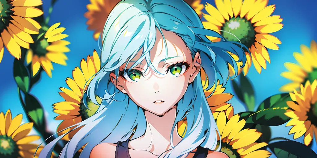 This is an image of a beautiful anime girl with long, flowing teal hair and green eyes. She is standing in a field of sunflowers, and she is wearing a white shirt. The sunflowers are bright and colorful, and they are in full bloom. The girl's hair is blowing in the wind, and she has a gentle smile on her face. The background is a clear blue sky, and there are a few clouds in the distance. The overall mood of the image is peaceful and serene.