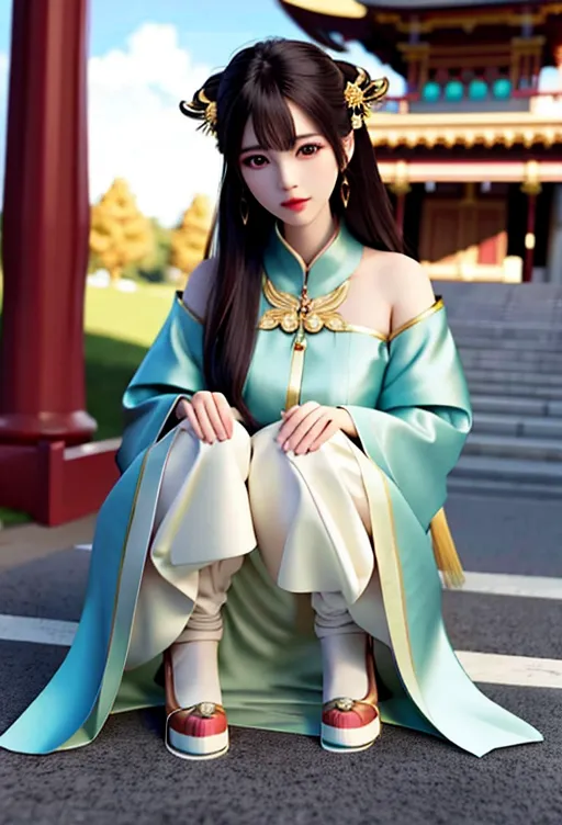 The image shows a beautiful young woman in a traditional Chinese dress. She is kneeling on the ground with her hands clasped in front of her. She has long black hair and brown eyes. She is wearing a pale green and white dress with gold trim. The dress has an off-the-shoulder top with long, wide sleeves. The bottom of the dress is a long, flowing skirt with a slit up one leg. She is wearing white socks and red and white shoes with thick soles. She is also wearing several hair ornaments and a necklace. In the background, there is a Chinese-style building with red columns and yellow-and-green-colored walls and roof.