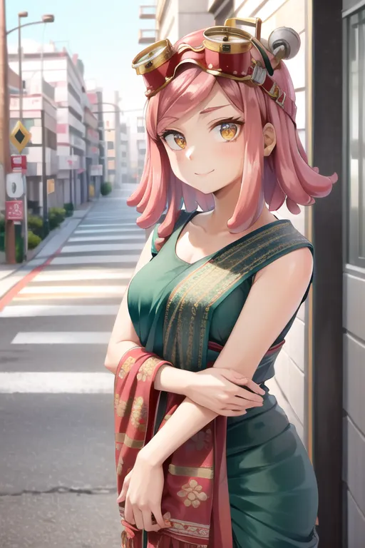 The image shows an anime girl with pink hair and yellow eyes. She is wearing a green dress with a red sash and a pair of goggles on her head. She is standing in a street with buildings on either side. The background is blurred.