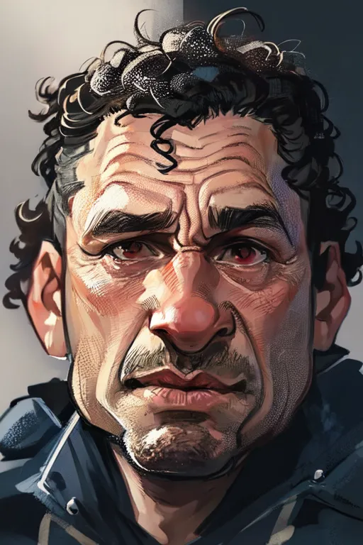 This image is a digital painting of a man's face. The man has dark curly hair and a mustache. He is wearing a dark blue jacket. The background is a light gray. The man's expression is serious. He is looking at the viewer with his red eyes. The painting is done in a realistic style.