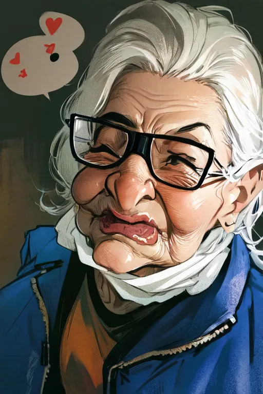 La imagen es una pintura digital de una mujer anciana. Tiene el cabello corto y gris, y lleva gafas, una chaqueta azul y una mascarilla quirúrgica blanca. Tiene una expresión pensativa en el rostro y mira hacia un lado. Hay tres corazones sobre su cabeza.