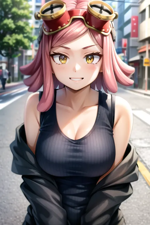 The image contains a young woman with pink hair and yellow eyes. She is wearing a black tank top and a black jacket. She has a pair of goggles on her head and is smiling. She is standing in a street with buildings in the background.