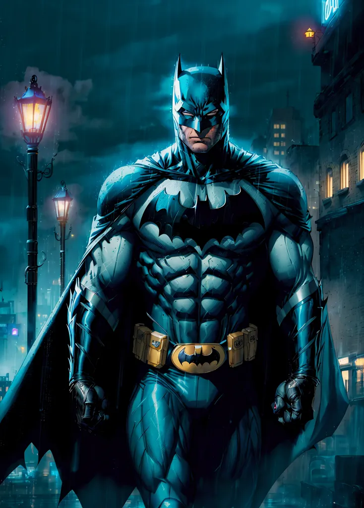 A imagem é uma pintura digital do Batman, um super-herói da DC Comics. Ele está em pé em um beco escuro, com uma lâmpada de rua ao fundo. Ele está usando seu clássico traje azul e cinza, com um cinto de utilidades amarelo. Sua capa está fluindo atrás dele, e ele tem uma expressão determinada no rosto. A imagem é escura e sombria, com uma atmosfera de tonalidade azulada.