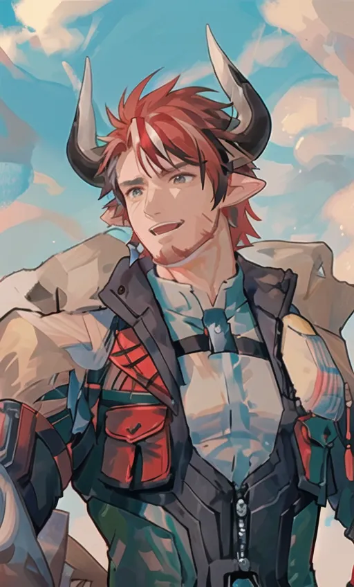 This image shows a male character with red hair and brown eyes. He has horns on his head and is wearing a white shirt, brown jacket, and green pants. He is carrying a bag on his back and has a confident smile on his face. He appears to be of muscular build. The background is a blue sky with white clouds.