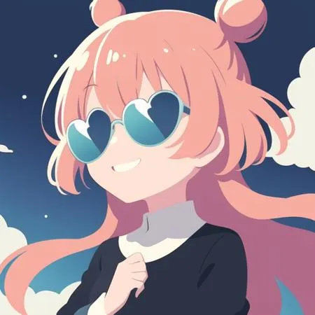 The image shows a girl with pink hair and blue heart-shaped sunglasses. She is wearing a black shirt and has a happy expression on her face. The background is a blue sky with white clouds.