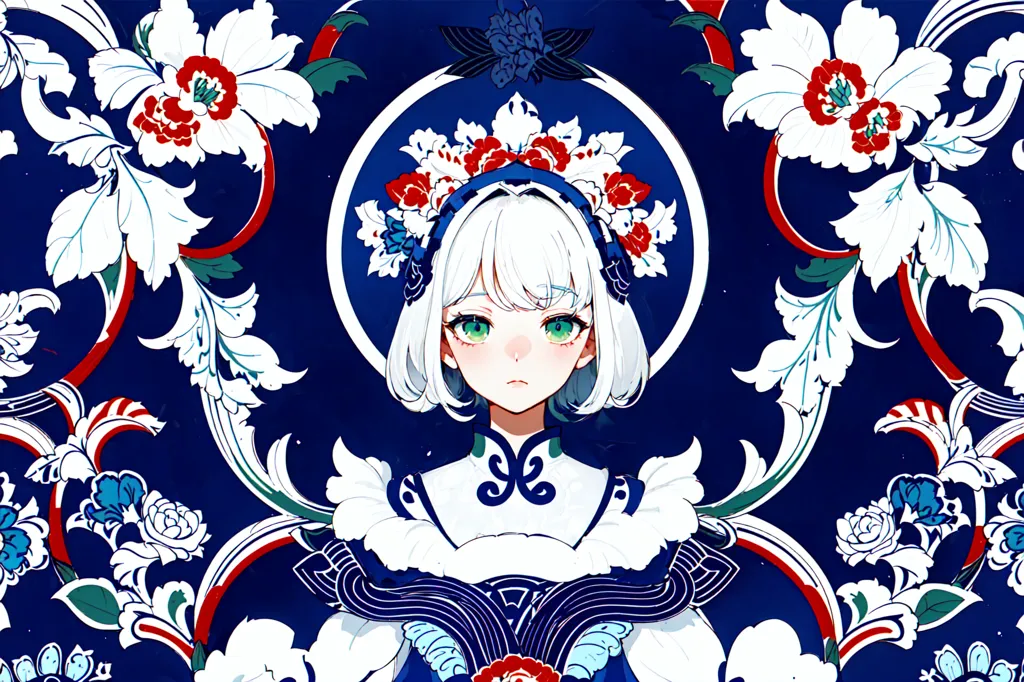 La imagen es una pintura de una mujer joven con el cabello blanco y ojos verdes. Ella está usando un cheongsam azul y blanco con un cuello rojo y blanco. Su cabello está peinado de una manera tradicional china, con dos moños en la parte superior de su cabeza y el resto de su cabello cayendo por su espalda. Ella está de pie frente a un fondo azul con un patrón de flores rojas y blancas. La pintura está hecha en un estilo realista, y la expresión de la mujer es de una serenidad tranquila.