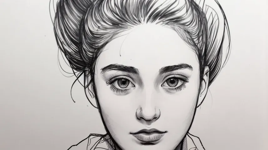 L'image est un croquis noir et blanc d'une jeune femme. Elle a de longs cheveux ondulés qui sont attachés en un chignon lâche. Ses sourcils sont épais et ses yeux sont en amande. Son nez est petit et ses lèvres sont pulpeuses. Elle porte une chemise blanche à boutons. Le croquis est réalisé dans un style réaliste et l'artiste a utilisé une variété de techniques pour créer de la profondeur et de la texture. L'effet global est un portrait beau et réaliste d'une jeune femme.