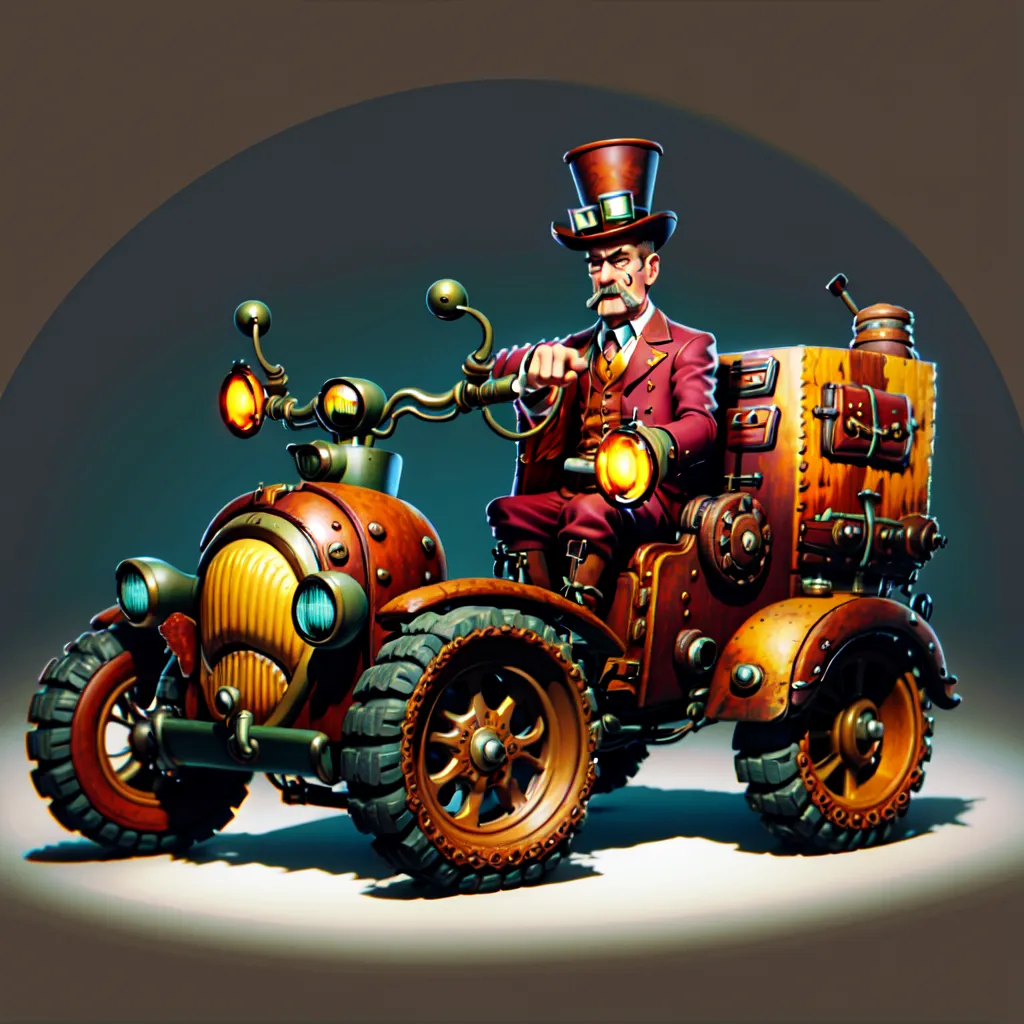 This is a cartoon image of a steampunk vehicle. It is a three-wheeled vehicle with a large engine in the front. The driver is a man wearing a top hat and goggles. He is sitting in a seat in the middle of the vehicle. The vehicle is made of metal and wood. It has a large headlight on the front and a smaller headlight on each side. The vehicle is also decorated with various steampunk accessories, such as gears, rivets, and pipes.