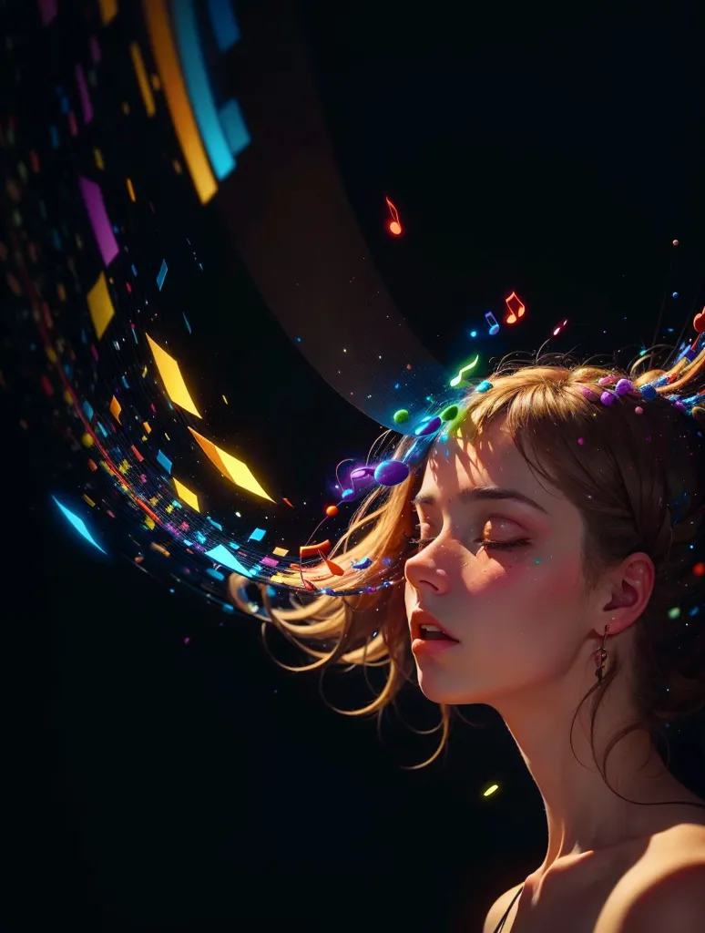 A young woman with her eyes closed and a serene expression on her face is shown in the picture. Her hair is flowing around her head, and colorful confetti and musical notes appear to be flowing out of it. The background is black, and the overall effect is one of beauty and tranquility.