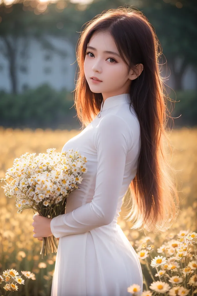 The image shows a beautiful young woman in a white dress standing in a field of daisies. She has long, dark hair and is looking at the camera with a serene expression. The sun is shining brightly, and the flowers are in bloom. The woman is holding a bouquet of daisies. She is wearing a traditional Vietnamese dress called an ao dai. The dress is white and has long sleeves. The woman's hair is long and black, and it is blowing in the wind. The background of the image is a blur of green and yellow, which suggests that the woman is standing in a field of grass or flowers.