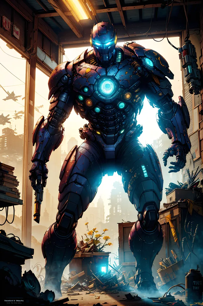 The image shows a tall, muscular man in a suit of blue and purple armor. The armor has a glowing blue arc reactor on the chest, and the man's eyes are also glowing blue. He is standing in a room that is mostly in ruins. There is a large hole in the wall behind him, and the floor is covered in debris. The man is holding a gun in each hand, and he looks like he is ready to fight.