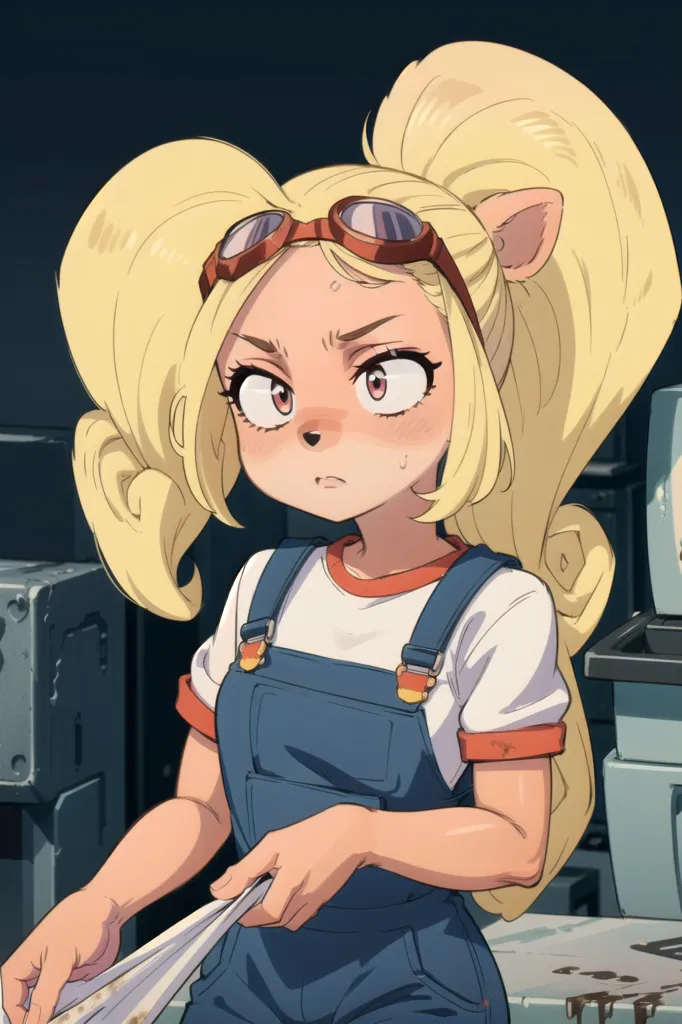 The image is of a young woman with long blonde hair and brown eyes. She is wearing a white shirt, blue overalls, and brown boots. She is also wearing a pair of goggles on her head. She is standing in a garage or workshop, and there are various tools and machines around her. She is looking at the viewer with a slightly puzzled expression on her face.