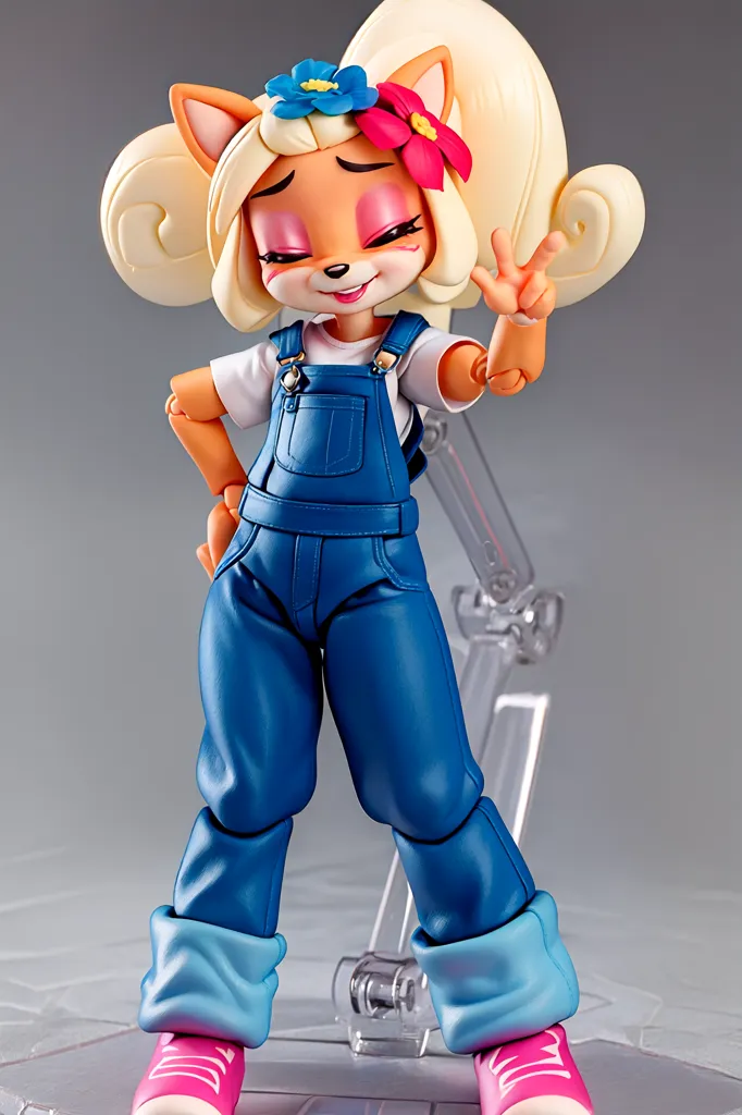 The image shows a figure of Coco Bandicoot from the Crash Bandicoot video game series. She is wearing her classic outfit from Crash Bandicoot 3: Warped, which consists of a white shirt, blue overalls, and pink sneakers. She has a flower in her hair and is winking with a playful expression on her face. The figure is made of PVC and stands approximately 6 inches tall. It is highly detailed and features articulation in the neck, shoulders, elbows, wrists, hips, knees, and ankles. The figure is also compatible with other Crash Bandicoot figures from the same series.