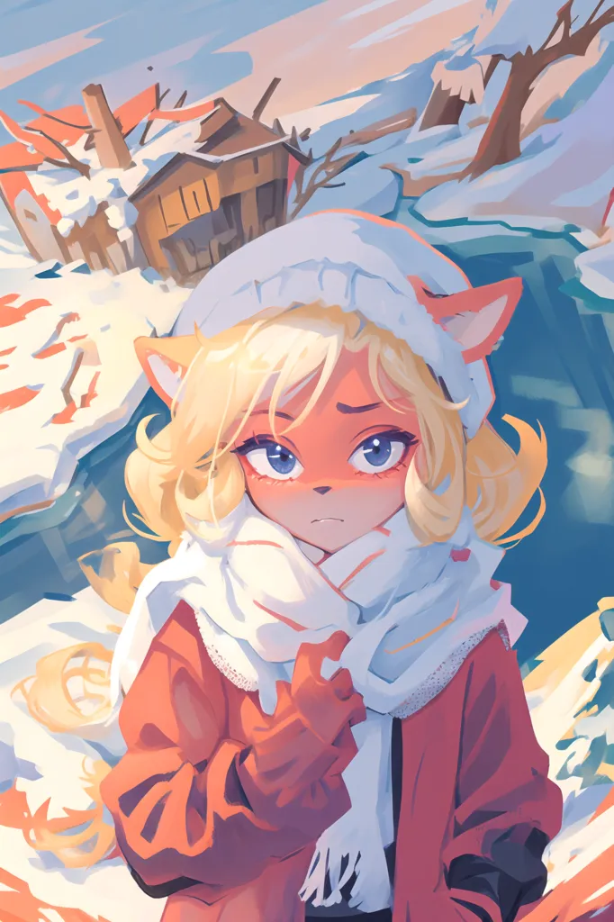 The image is of a young woman with fox ears and blonde hair. She is wearing a red coat and a white scarf. She is standing in a snowy landscape, and there is a house in the background. The woman is looking at the viewer with a sad expression on her face.