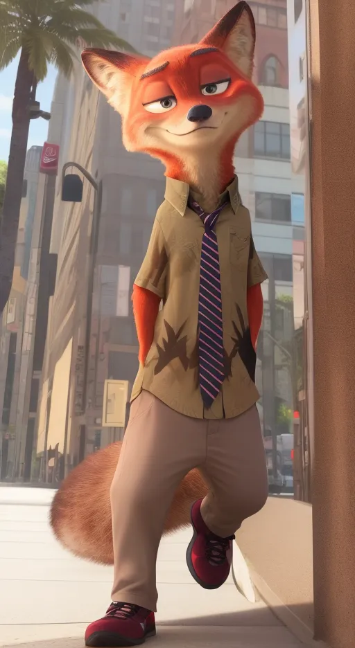 The image shows a red fox wearing a brown shirt and pants. The fox is standing on a city street with buildings in the background. The fox has a smug expression on its face and is looking at the viewer.